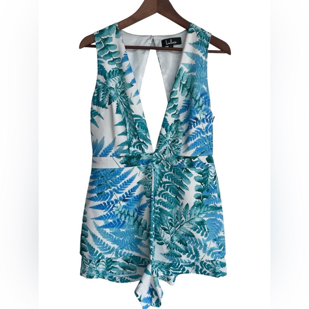 Lulu's Teal & White Fern Print Plunge Neck Romper - Picture 3 of 5